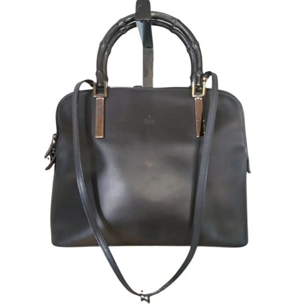 Gucci Vintage Black Leather Bamboo Handle Satchel Crossbody Bag 000-0836 001364